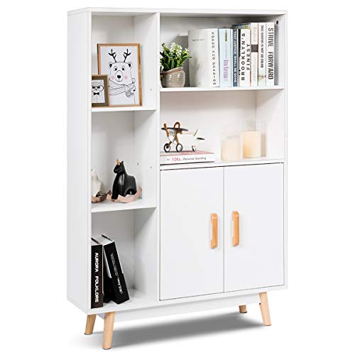 COSTWAY Bücherschrank weiß, Bücherregal mit Türen und offenes Fächern, Sideboard Kommode Standregal freistehend, Büroregal Aufbewahrungsregal für Kinderzimmer, Zuhause und Büro, 80 x 24 x 119 cm von COSTWAY