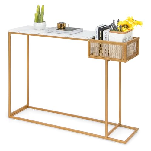 COSTWAY Konsolentisch schmal, Beistelltisch Marmor Optik, Flurtisch mit Korb & goldenem Metallgestell, Eingangstisch modern, für Wohnzimmer Eingang Flur, 110 x 30 x 80 cm von COSTWAY