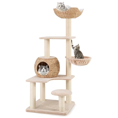 COSTWAY Kratzbaum mit Katzenhöhle, 150cm hoch, Katzenbaum mit Hängematte & Plattformen & Sitzstange und Kissen, Kletterbaum aus Rohrkolben & Sisal, Katzenkratzbaum Katzen, Beige+Natur von COSTWAY