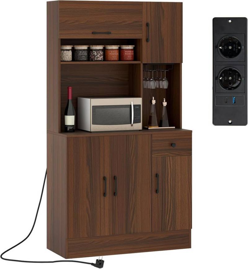 COSTWAY Küchenbuffet Schrank Hoch mit Steckdosen, Arbeitsplatte Braun von COSTWAY