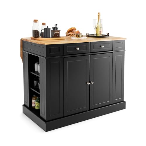 COSTWAY Kücheninsel mit erweiterbarer Arbeitsplatte, Küchenschrank mit Schubladen, Seitenregalen und 2 Ebenen Staufach, Holz, 120 x 91 x 92 cm (Schwarz) von COSTWAY
