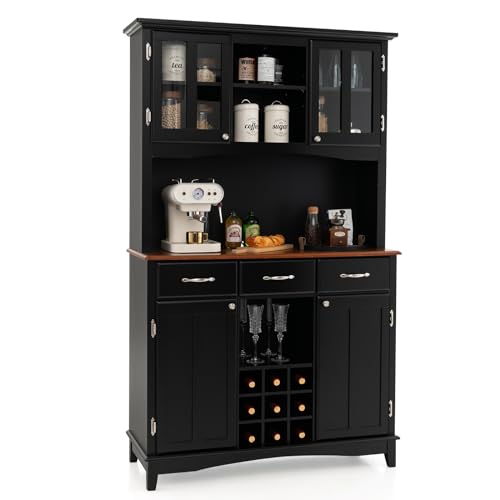 COSTWAY Küchenschrank, Küchenbuffet mit 3 Schubladen, Schränke, Weinregal, offenen Regalen und Arbeitsplatte, Buffetschrank Hochschrank mit verstellbaren Regalen, 112 x 43 x 184,5 cm, Schwarz COSTWAY Küchenschrank, Küchenbuffet mit 3 Schubladen, Schränke, Weinregal, offenen Regalen und Arbeitsplatte, Buffetschrank Hochschrank mit verstellbaren Regalen, 112 x 43 x 184,5 cm, Schwarz von COSTWAY