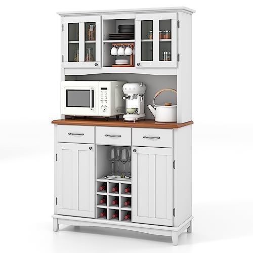COSTWAY Küchenschrank, Küchenbuffet mit 3 Schubladen, Schränke, Weinregal, offenen Regalen und Arbeitsplatte, Buffetschrank Hochschrank mit verstellbaren Regalen, 112 x 43 x 184,5 cm von COSTWAY