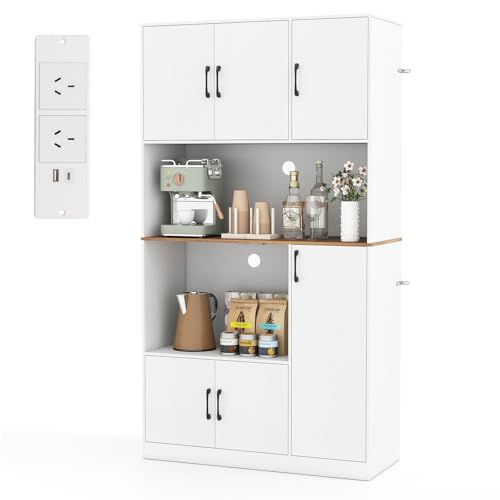 COSTWAY Küchenschrank Holz, Buffetschrank mit Steckdose, Hochschrank mit Türen & Arbeitsplatte, Vorratsschrank Aufbewahrungsschrank, für Küche & Wohnzimmer, 100 x 40 x 180 cm (Weiß) von COSTWAY