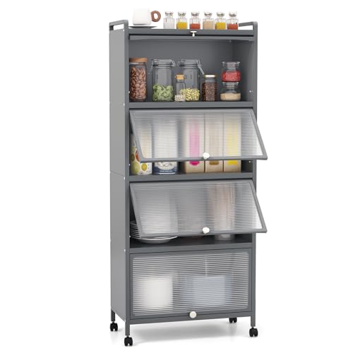 COSTWAY Küchenschrank hoch, Küchenregal mit Rollen, 5-stufig, Mikrowellenständer mit aufklappbaren PC-Türen & Kippschutz, Standregal Hochschrank, für Küche Esszimmer Wohnzimmer (Grau) von COSTWAY