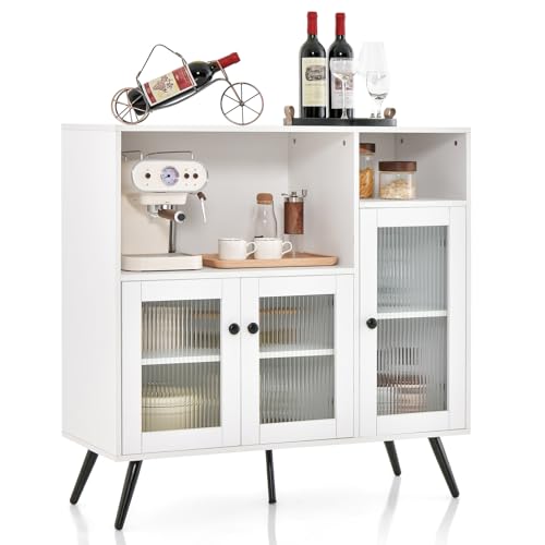 COSTWAY Küchenschrank, Buffetschrank mit verstellbaren Einlegeböden, Sideboard Holz, mit Glastüren, Kommode für Küche, Esszimmer und Wohnzimmer (Weiß) von COSTWAY