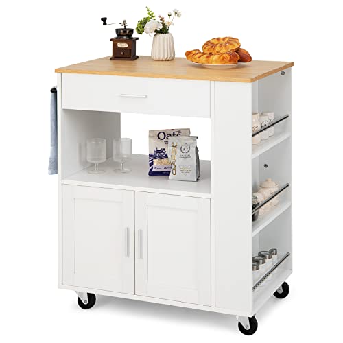 COSTWAY Küchenwagen auf Rollen, Servierwagen mit Arbeitsplatte & Schublade & Handtuchhalter & 3 Gewürzregalen, Kücheninsel Holz, Küchenschrank Rollbar, für Küche, Esszimmer und Bar (Weiß) von COSTWAY