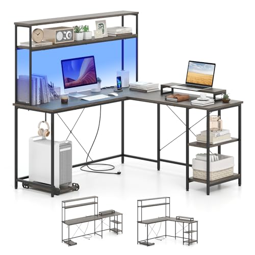 COSTWAY L-förmiger Gaming Schreibtisch, 145 x 145 cm reversibler Eckschreibtisch mit LED-Beleuchtung & Steckdosen, Computertisch Bürotisch mit Monitorständer, Regale & Kopfhörerhaken (Grau) von COSTWAY
