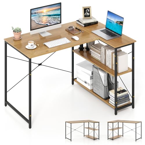 COSTWAY L-förmiger Schreibtisch, umkehrbarer Eckschreibtisch mit verstellbarem Regal & Metallrahmen, Compuertisch aus Holz, Bürotisch Ecktisch für Zuhause & Büro, 118 x 86 x 74 cm (Natur) von COSTWAY
