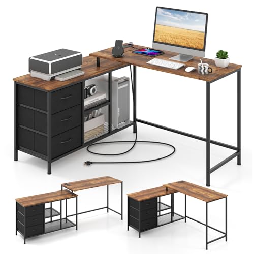 COSTWAY L-förmiger Schreibtisch mit Steckdose, reversibler Eckschreibtisch mit 3 Stoffschubladen & Gitterablagen, 205 cm Langer Computertisch, Ecktisch für Heimbüro (Rustikales Braun) von COSTWAY