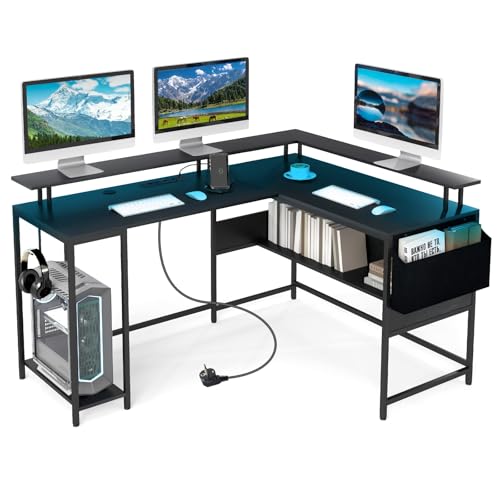COSTWAY L-förmiger Schreibtisch mit Steckdosen & LED-Beleuchtung, Eckschreibtisch mit Monitorständer, Stofftasche, Haken & Ablagefläche, Gaming Computertisch, 146 x 115 x 85,5 cm von COSTWAY