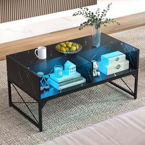 COSTWAY LED Couchtisch, Wohnzimmertisch Marmor Optik, Kaffeetisch mit einstellbaren Lichtfarben & Helligkeit, Fernbedienung und 4 Ablagefächern, Sofatisch für Wohnzimmer, 105 x 55 x 50 cm (Schwarz) von COSTWAY