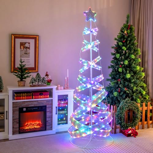 COSTWAY LED Spiral Weihnachtsbaum, 210cm beleuchteter Tannenbaum, 341 LEDs, 34 Lichtmodi, klappbar, Led Lichterbaum Spiralbaum mit Stern, Christbaum aus Polyester Metall, Weihnachtsdeko Innen Außen von COSTWAY