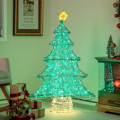 COSTWAY LED Weihnachtsbaum künstlich, 123cm beleuchteter Tannenbaum, 520 LEDs in Warmweiß und Grün, Lichterbaum mit Lichterkette & Stern, Christbaum Metallgestell, Weihnachtsdeko für Innen Außen von COSTWAY