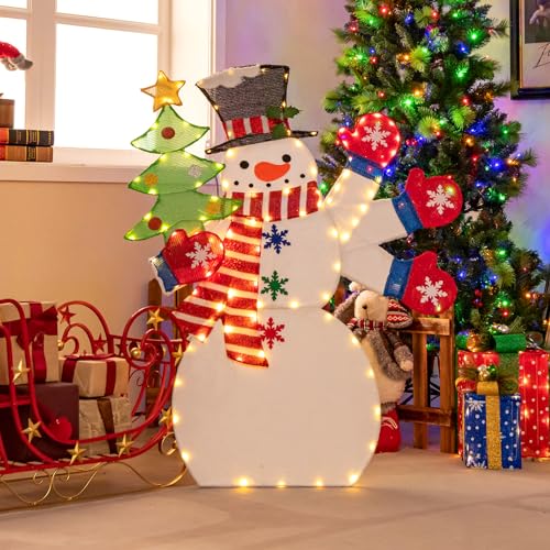 COSTWAY LED Weihnachtsdeko Schneemann, 123cm, Weihnachtsfigur mit Weihnachtsbaum, winkender Hand, 140 warmweiß LEDs, beleuchtete Weihnachtsdekoration außen innen, Dekofigur Figur Weihnachten Deko von COSTWAY