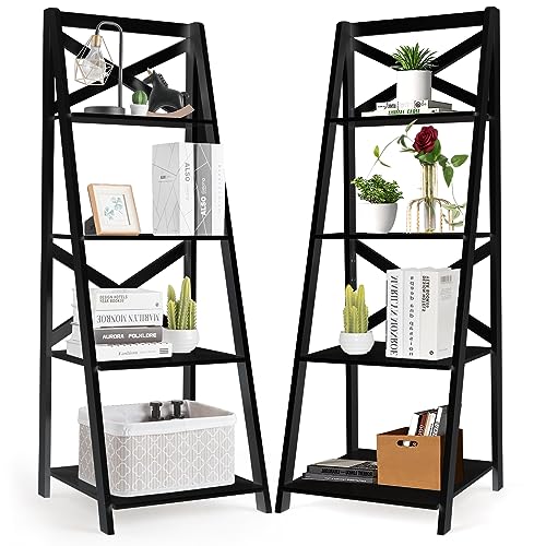 COSTWAY Leiterregal mit 4 Ebenen, Bücherregal mit X-förmige Strebe, Stufenregal modern mit großem Stauraum, Standregal aus Holz für Wohnzimmer, Schlafzimmer, Küche, 50 x 45 x 145 cm (2, Schwarz) von COSTWAY