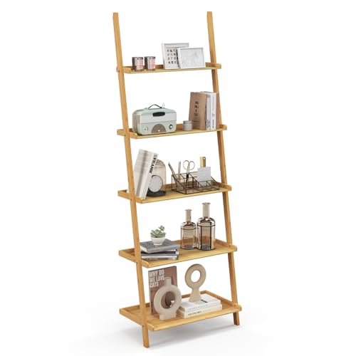 COSTWAY Leiterregal Bambus, Standregal mit 5 Ebenen, Küchenregal 65 x 36 x 183 cm, Wandlehnregal mit Kippsicherung, Jede Stufe bis 10 kg belastbar, für Bad, Wohnzimmer (65 x 36 x 183 cm) von COSTWAY
