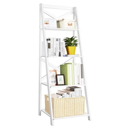 COSTWAY Leiterregal mit 4 Ebenen, Bücherregal mit X-förmige Strebe, Stufenregal modern mit großem Stauraum, Standregal aus Holz für Wohnzimmer, Schlafzimmer, Küche, 50 x 45 x 145 cm (1, Weiß) von COSTWAY