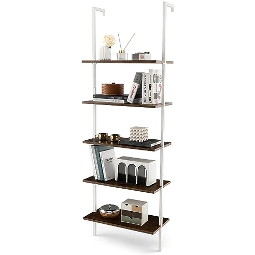 COSTWAY Leiterregal braun, Standregal, 5 Ebenen Bücherregal Wand, Regal schmal, 60 x 30 x 180 cm, Metallrahmen, für Heimbüro & Wohnzimmer, modern von COSTWAY