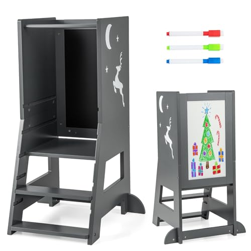 COSTWAY Lernturm kinder, 2 in 1 Tritthocker montessori mit 3 verstellbare Höhen & doppelseitiger Tafel, Küchenhelfer mit 3 Stiften, Trittschemel für Kinder ab 1 Jahren, 70 kg Belastbar (Grau) von COSTWAY