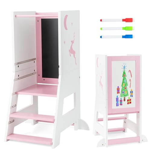 COSTWAY Lernturm Kinder, 2 in 1 Tritthocker Montessori mit 3 verstellbare Höhen & doppelseitiger Tafel, Küchenhelfer mit 3 Stiften, Trittschemel für Kinder ab 1 Jahren, 70 kg Belastbar (Rosa) von COSTWAY