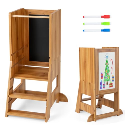 COSTWAY Lernturm kinder, 2 in 1 Tritthocker montessori mit 3 verstellbare Höhen & doppelseitiger Tafel, Küchenhelfer mit 3 Stiften, Trittschemel für Kinder ab 1 Jahren, 70 kg Belastbar (Natur) von COSTWAY