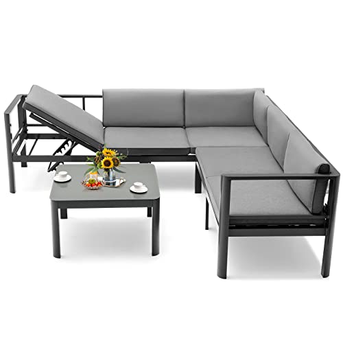 COSTWAY Lounge-Set aus Aluminium, Gartenlounge für 4-5 Personen, Gartenmöbel-Set Sitzgruppe mit Kaffeetisch, Sitzkissen, Ecklounge für Garten, Terrasse und Balkon von COSTWAY