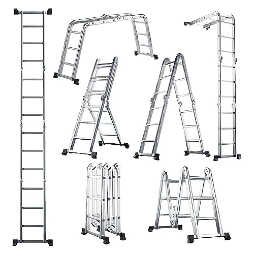 COSTWAY 7-in-1 Mehrzweckleiter Aluminium, Klappleiter Länge bis 370,5cm verstellbar, Klappbarer Aluminiumleiter, Multifunktionsleiter Anlegeleiter, Gerüstleiter bis 150 kg belastbar, Silber von COSTWAY