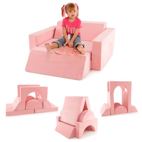 COSTWAY Modulares Kindersofa, Spielsofa, Modulsofa mit abnehmbarem Bezug, Kleinkind-Couch für Spielzimmer und Kinderzimmer zum Spielen, Gestalten & Schlafen (Rosa) von COSTWAY