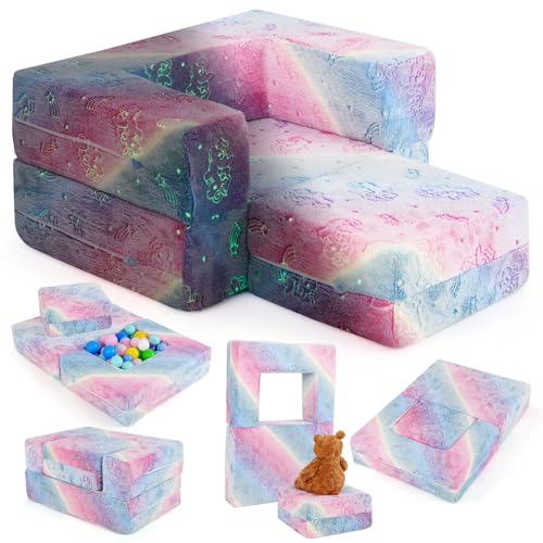 COSTWAY Modulares Kindersofa, im Dunkeln leuchtendes Spielsofa, Modulsofa mit abnehmbarem und maschinenwaschbarem Flanellbezug, Kleinkind-Couch für Spielzimmer und Kinderzimmer (Bunt) von COSTWAY