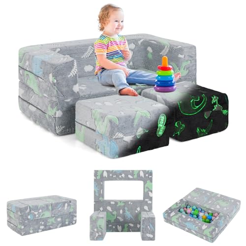 COSTWAY Modulares Kindersofa, im Dunkeln leuchtendes Spielsofa, Modulsofa mit abnehmbarem und maschinenwaschbarem Flanellbezug, Kleinkind-Couch für Spielzimmer und Kinderzimmer (Grauer Dinosaurier) von COSTWAY
