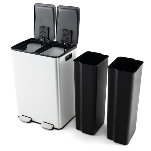 COSTWAY Mülleimer 2 Fächer, 2 x 30L Abfalleimer Küche, Tretmülleimer mit sanft schließendem Deckel, Mülltrennsystem inkl. 2 Desodorierungsfächer, aus Edelstahl und Kunststoff (Weiß) von COSTWAY