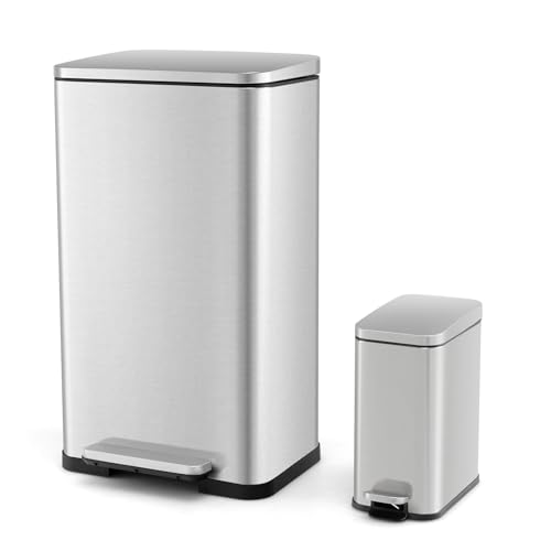 COSTWAY Mülleimer 2er Set, 40L + 6L Abfalleimer Edelstahl, Treteimer mit abnehmbaren Inneneimern & Soft-Close Deckel, Küchenmülleimer für Küche Bad Büro, Silber von COSTWAY