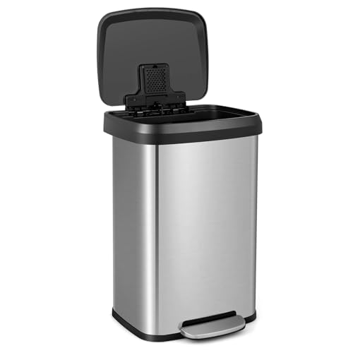 COSTWAY Mülleimer Küche, 50L Abfalleimer, Tretmülleimer mit sanft schließendem Deckel, Mülltrennsystem inkl. Desodorierungsfach, aus Edelstahl und Kunststoff (Silber / 50L) von COSTWAY