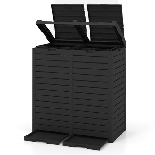 COSTWAY Mülleimer mit Doppeldeckel, 235 L, Mülltonne Outdoor, Abfalltonne mit ausziehbarer Auffangschale & Griff, wasserdichter Müllbehälter, Abfalleimer für Garten Hinterhof Terrasse (Schwarz) von COSTWAY