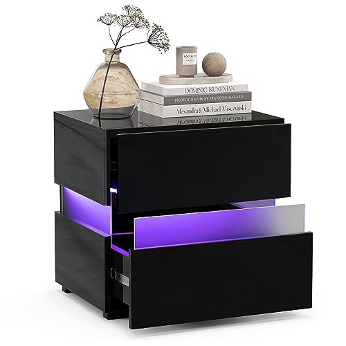 COSTWAY Nachttisch, LED Nachtkästchen Hochglanz, Nachtschrank Nachtkommode mit 2 Schubladen, inkl. Fernbedienung, dynamisch & statisch beleuchtet, modern, 45 x 35 x 45cm (Schwarz) von COSTWAY