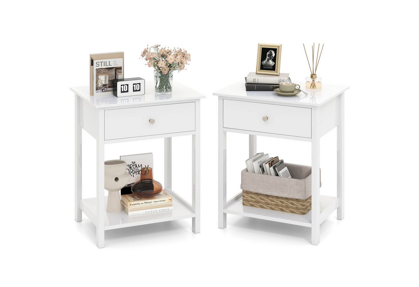 COSTWAY Nachttisch (2-St), Holz, Beistelltisch mit Schublade & Regal, weiß von COSTWAY