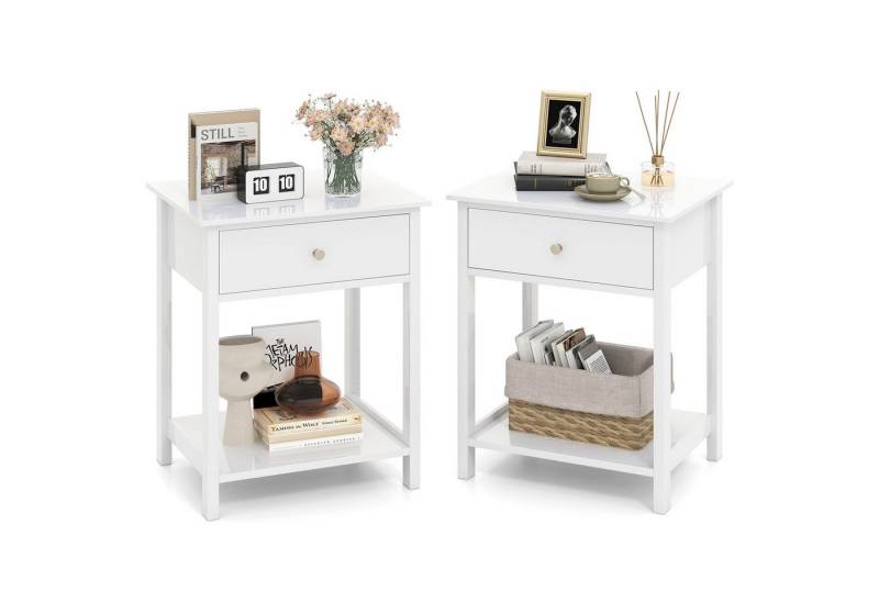 COSTWAY Nachttisch (2-St), Holz, Beistelltisch mit Schublade & Regal, weiß von COSTWAY