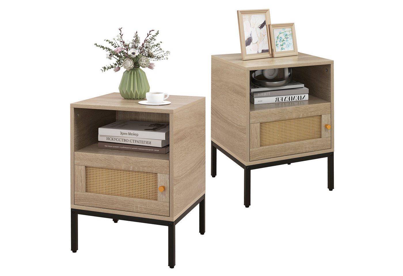 COSTWAY Nachttisch (2-St), Rattan, mit offenem Regal und Schrank, 40x40x57 cm von COSTWAY