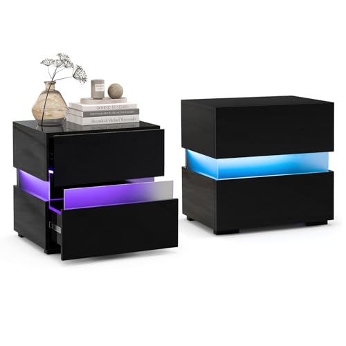 COSTWAY Nachttisch 2er Set, LED Nachtkästchen Hochglanz, Nachtschrank Nachtkommode mit 2 Schubladen, inkl. Fernbedienung, dynamisch & statisch beleuchtet, modern, 45 x 35 x 45cm (Schwarz) von COSTWAY