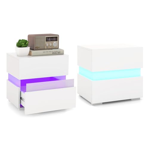 COSTWAY Nachttisch 2er Set, LED Nachtkästchen Hochglanz, Nachtschrank Nachtkommode mit 2 Schubladen, inkl. Fernbedienung, dynamisch & statisch beleuchtet, modern, 45 x 35 x 45cm (Weiß) von COSTWAY