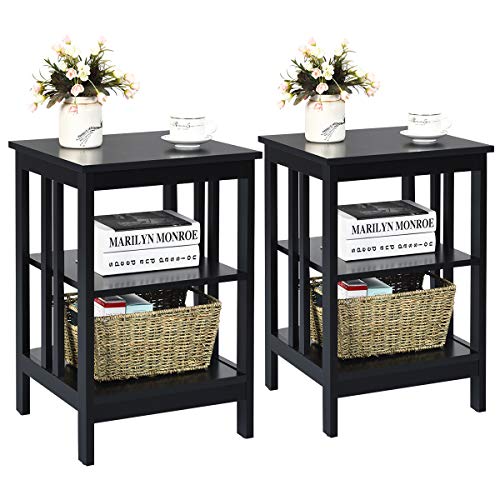 COSTWAY Nachttisch 3 Ebenen, 2er Set Beistelltisch Nachtschrank, Sofatisch Couchtisch für Schlafzimmer, Wohnzimmer 40x40x61cm (II-förmig, Schwarz) von COSTWAY