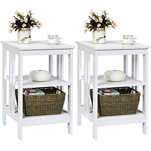 COSTWAY Nachttisch 3 Ebenen, 2er Set Beistelltisch Nachtschrank, Sofatisch Couchtisch für Schlafzimmer, Wohnzimmer 40x40x61cm (II-förmig, Weiß) von COSTWAY