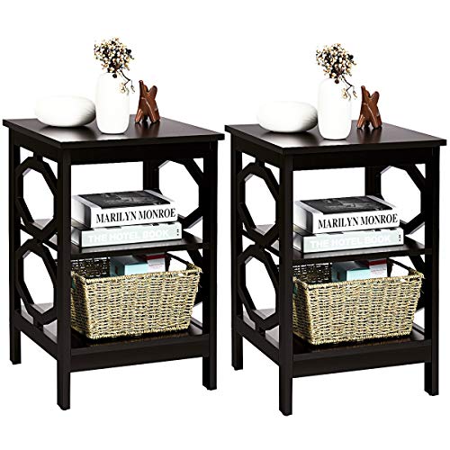 COSTWAY Nachttisch 3 Ebenen, 2er Set Beistelltisch Nachtschrank, Sofatisch Couchtisch für Schlafzimmer, Wohnzimmer 40x40x61cm (OO-förmig, Braun) von COSTWAY