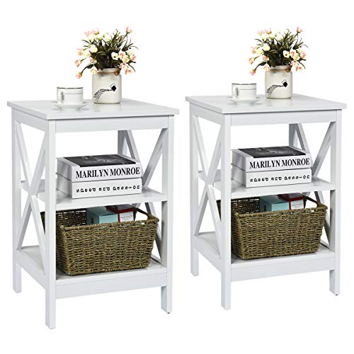 COSTWAY Nachttisch 3 Ebenen, 2er Set Beistelltisch Nachtschrank, Sofatisch Couchtisch für Schlafzimmer, Wohnzimmer 40x40x61cm (X-förmig, Weiß) von COSTWAY