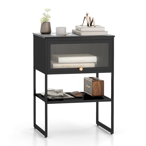 COSTWAY Nachttisch Metallrahmen, Beistelltisch mit durchsichtiger Klapptür, Schublade & offener Ablage, Nachtschrank modern, Sofatisch für Wohnzimmer, Schlafzimmer, Holz, 40 x 32 x 56 cm (schwarz) von COSTWAY