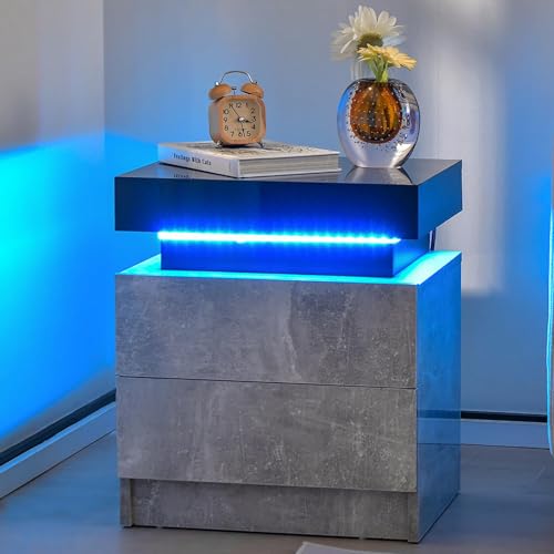 COSTWAY Nachttisch LED, Nachtschrank mit 2 Schubladen, Nachtkommode dynamisch & statisch beleuchtet, inkl. Fernbedienung, modern, 45 x 35 x 52cm, Grau von COSTWAY