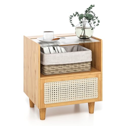 COSTWAY Nachttisch Rattan, Nachtschrank aus Bambus mit Schublade, Beistelltisch mit Glastischplatte und offenem Fach, Sofatisch, Boho-Nachtkonsole für Schlafzimmer, 43 x 35 x 50 cm, Natur von COSTWAY