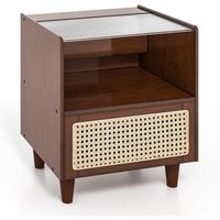 Nachttisch aus Bambus & Rattan mit Schublade, Beistelltisch mit Glastischplatte und offenem Fach, Sofatisch, Nachtschrank, Boho-Nachtkonsole für von COSTWAY
