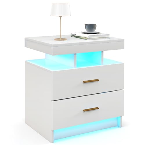 COSTWAY Nachttisch mit LED-Beleuchtung, Nachtschrank Hochglanz, Beistelltisch mit 2 Schubladen und einstellbaren Farben, Sofatisch, Nachtkommode für Schlafzimmer, Wohnzimmer, 50 x 40 x 58 cm (Weiß) von COSTWAY